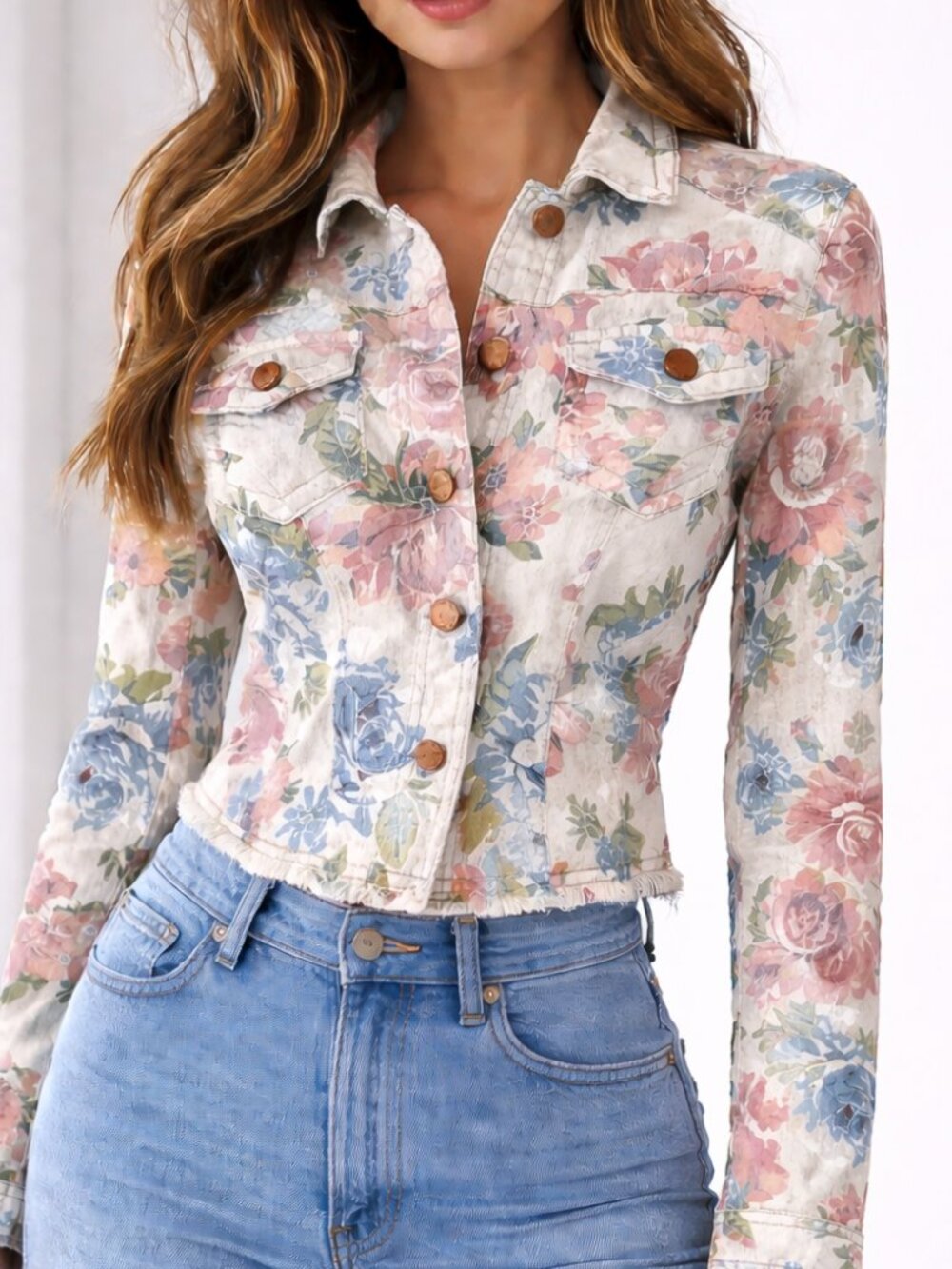 Tinseltown Denim Couture Floral Jacket Sz M Fitted Short Stretch